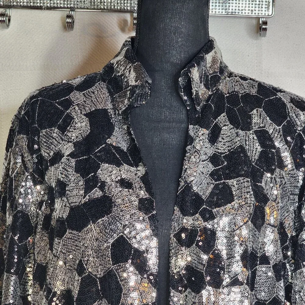 Chico's Black Silver Sequin Twilight Dazzle Tropez Poly Jacket Sz Chico 3 US XL - Picture 5 of 16